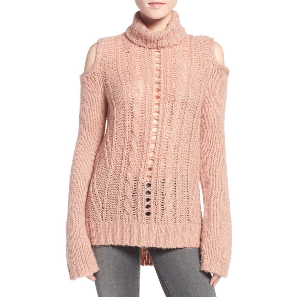 Pam & Gela Cold Shoulder Cable Knit Sweater S - Light Pink